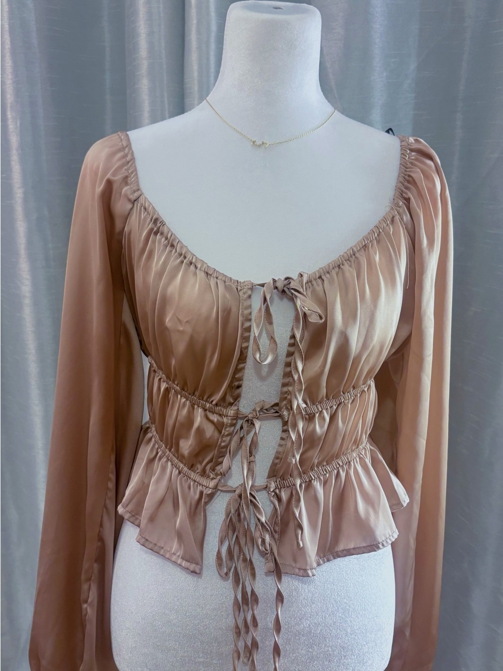 Forever 21 Satin Tie-Front Peplum Blouse in Taupe